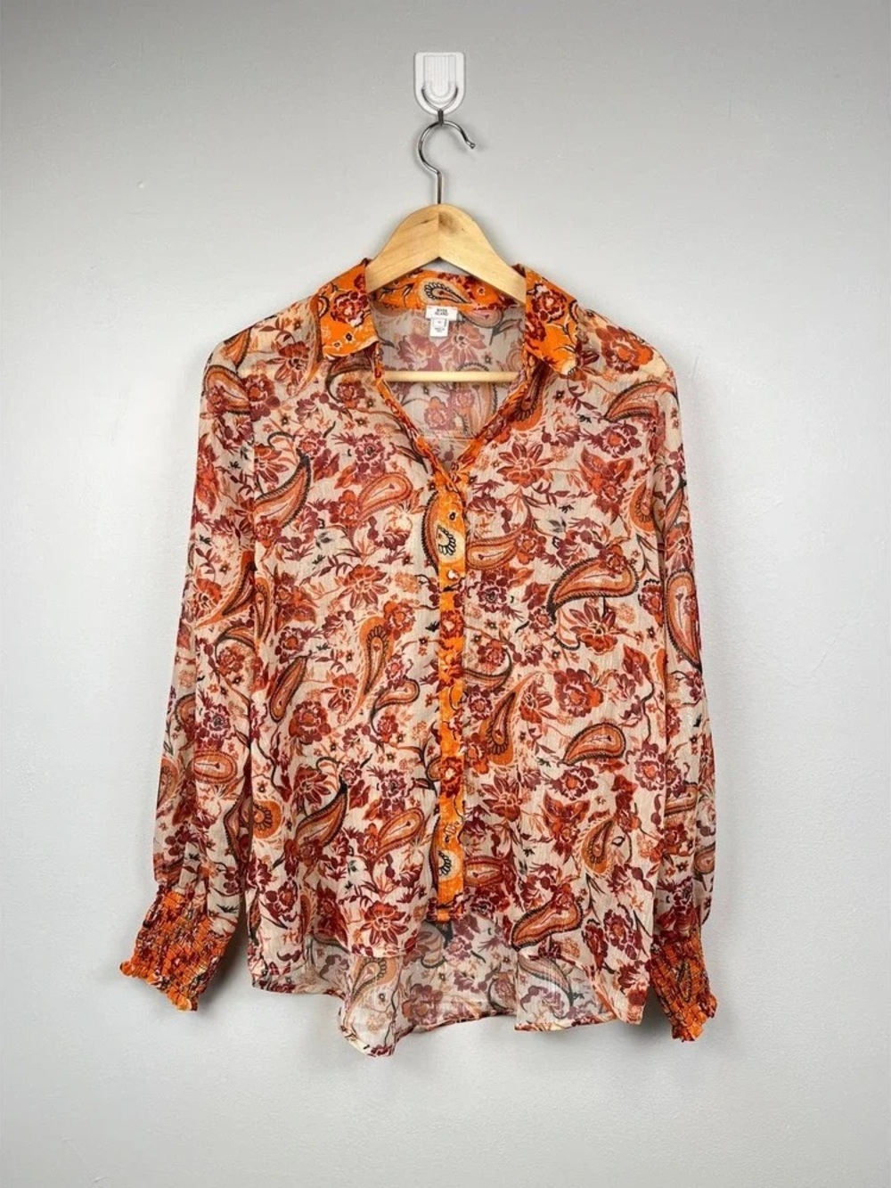 Floral Paisley Sheer Button-Up Blouse in Rust Orange